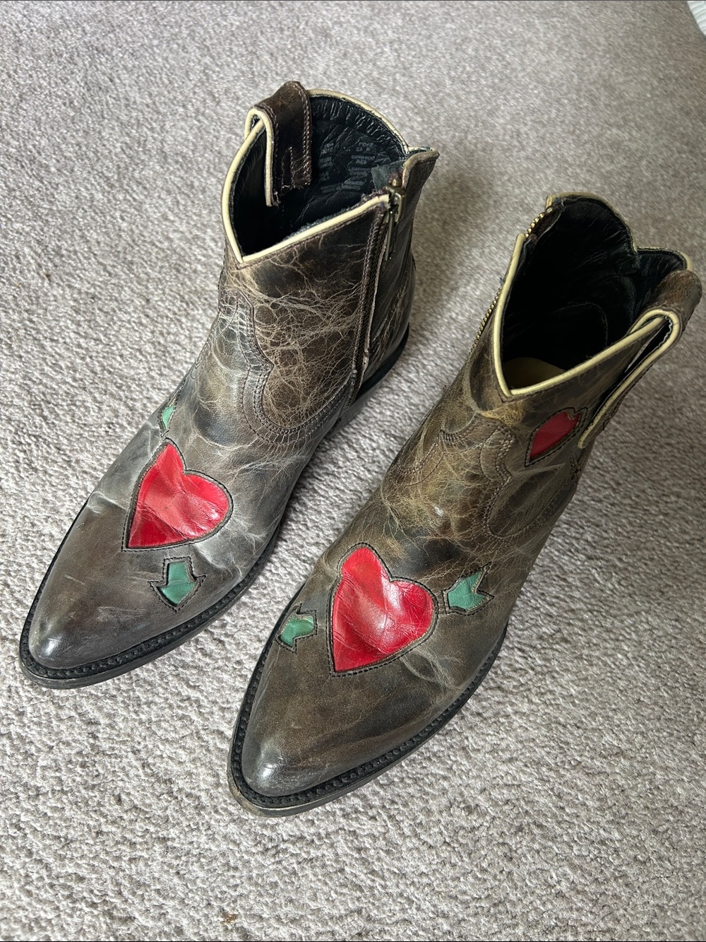 Grey Brown Leather Western Boot with Red Heart Inlay